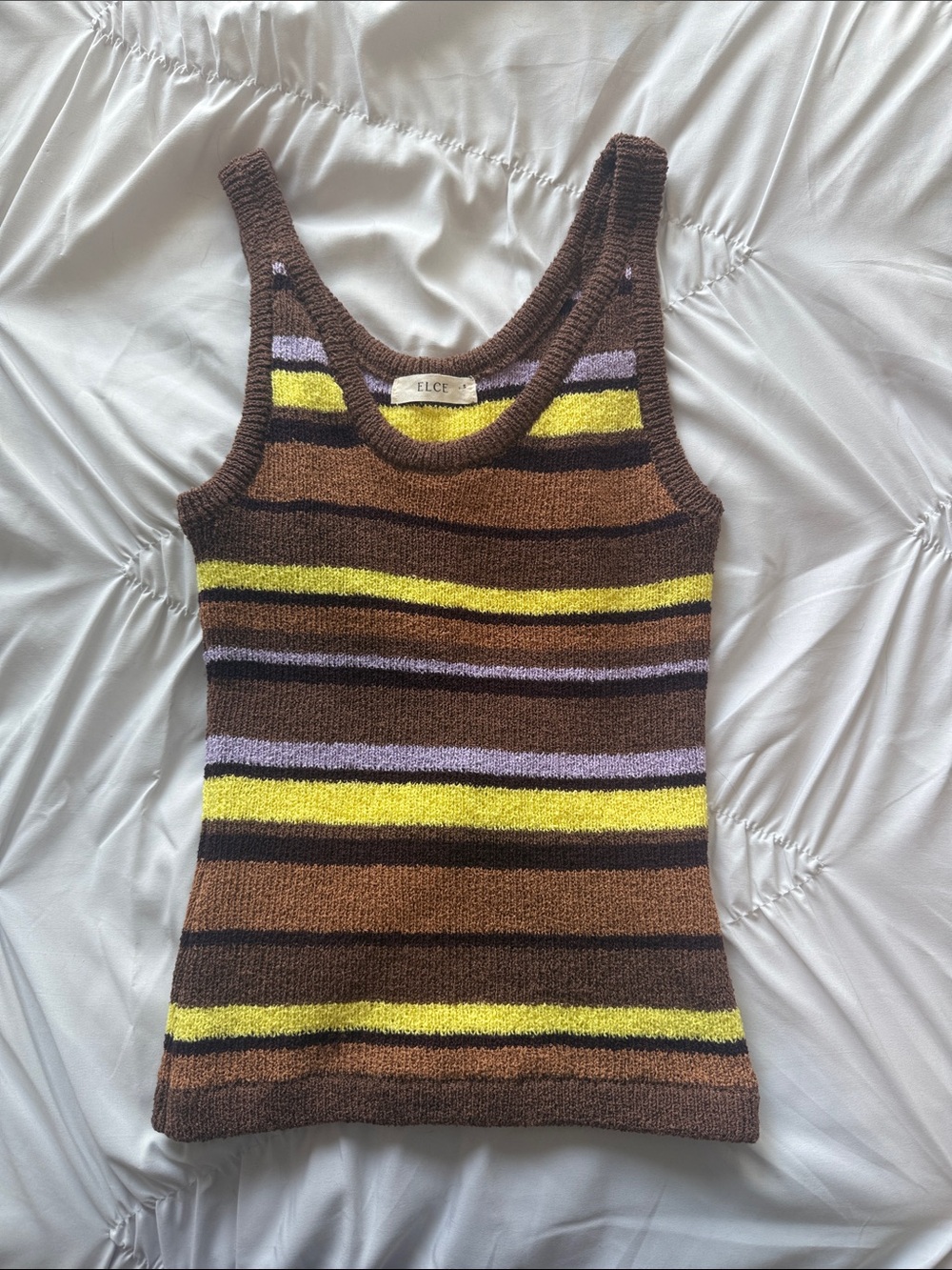 Elce Swimwear Brown Striped V-Neck Knit Tank with Yellow & Lavender Stripes